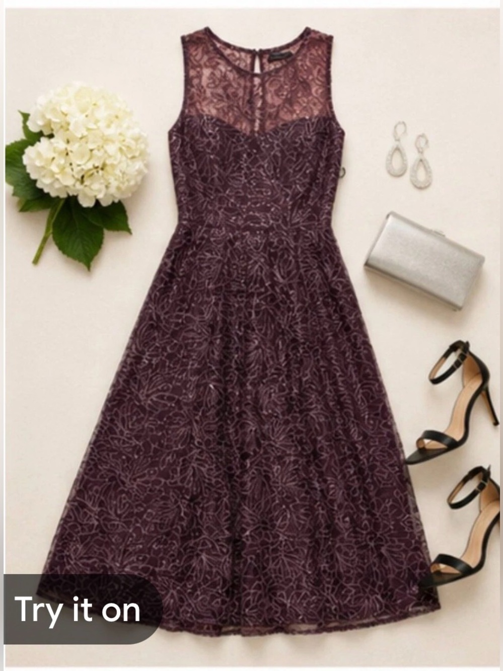Donna Karan New York Plum Lace Sequin A-Line Formal Midi Dress Lined Size 10 - Picture 5 of 5